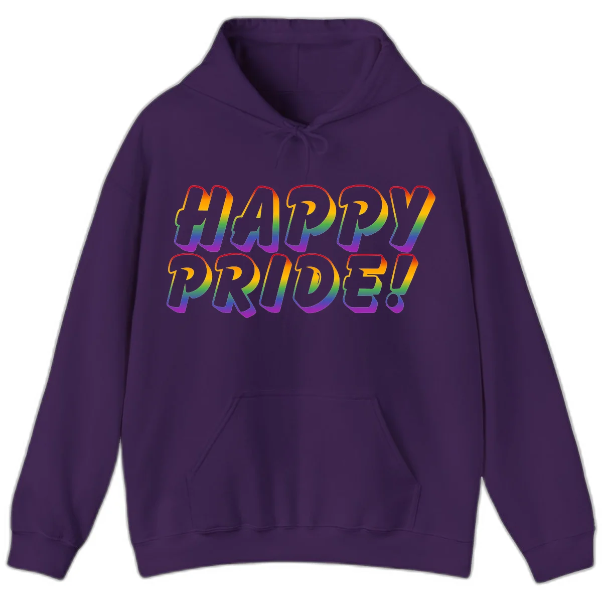 Happy pride rainbow text design with gradient colors transitioning from red to purple in bold typography in Purple