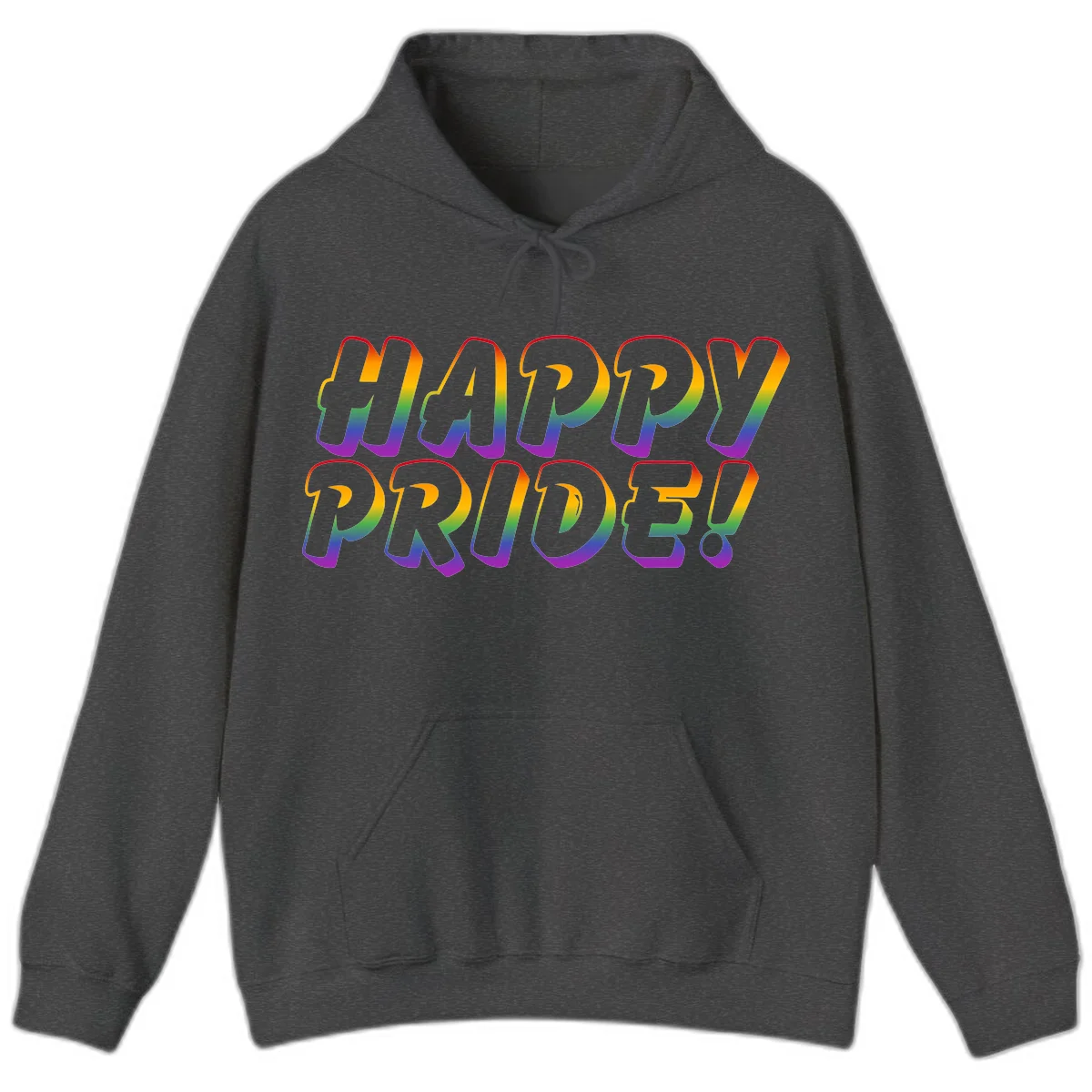 Happy pride rainbow text design with gradient colors transitioning from red to purple in bold typography in Dark Heather