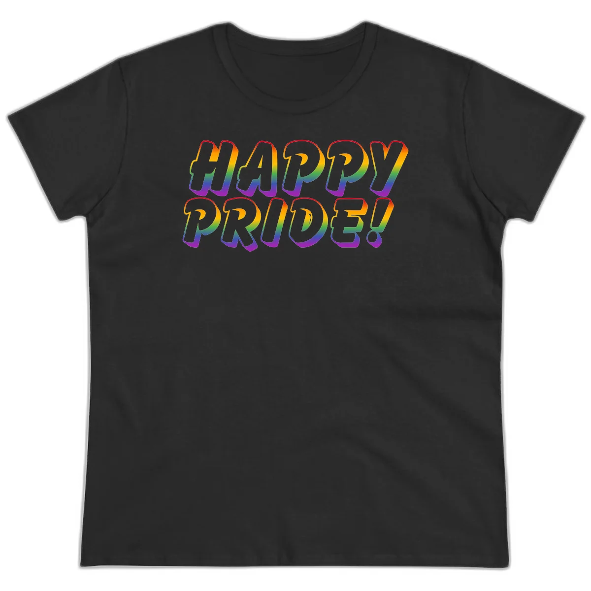 Happy pride rainbow text design with gradient colors transitioning from red to purple in bold typography in Black