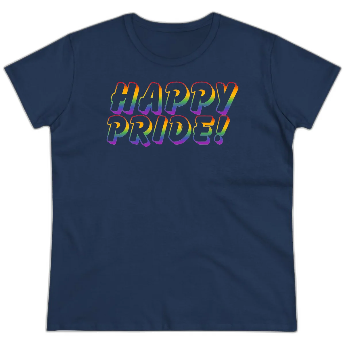 Happy pride rainbow text design with gradient colors transitioning from red to purple in bold typography in Navy