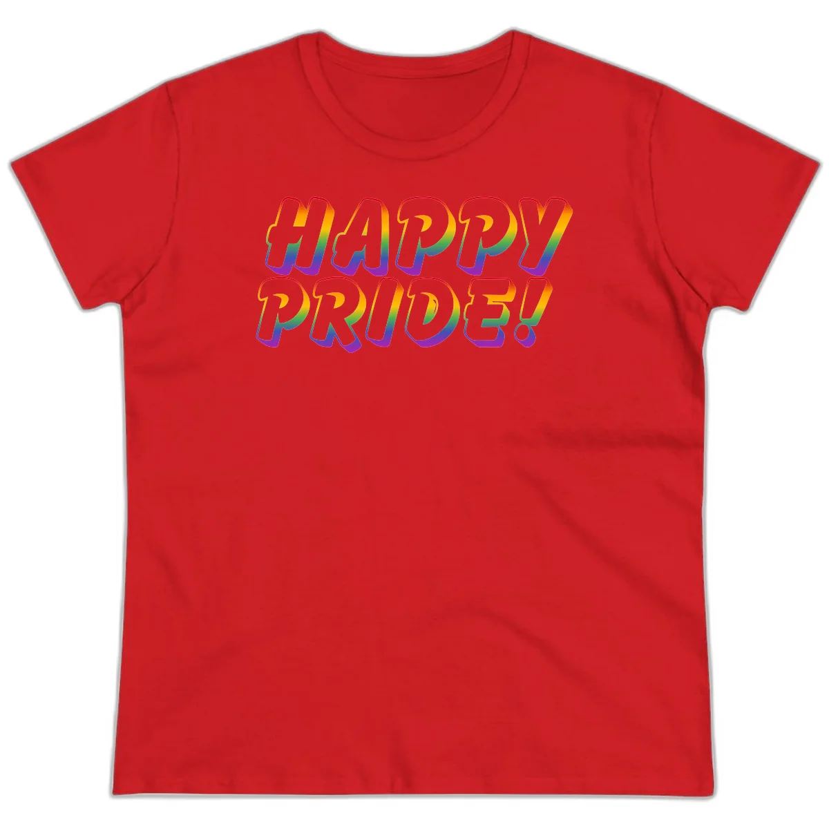 Happy pride rainbow text design with gradient colors transitioning from red to purple in bold typography in Red