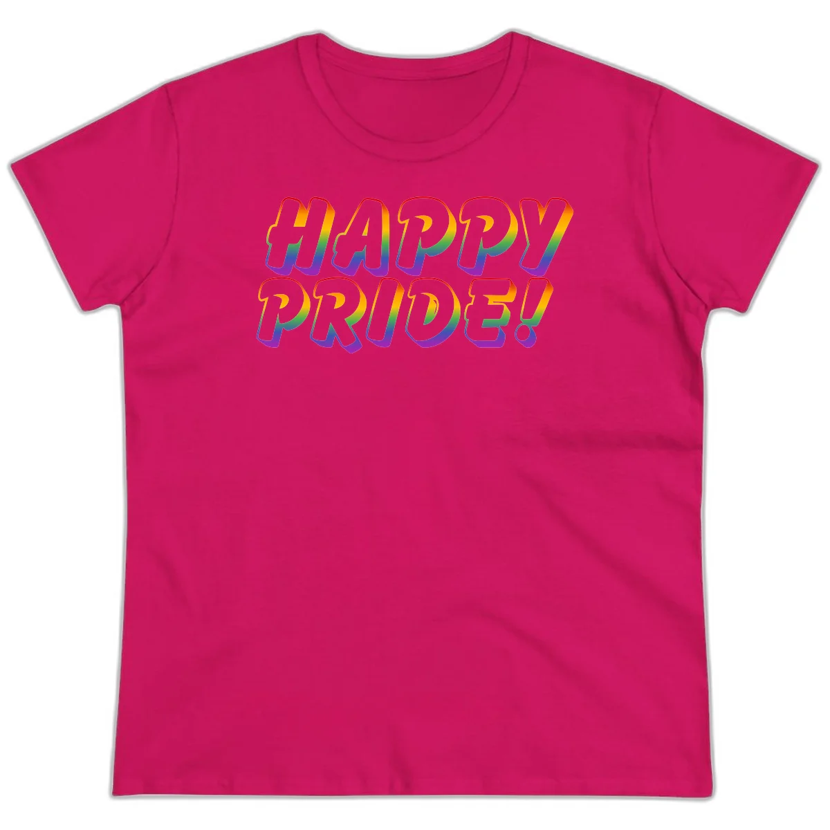 Happy pride rainbow text design with gradient colors transitioning from red to purple in bold typography in Heliconia
