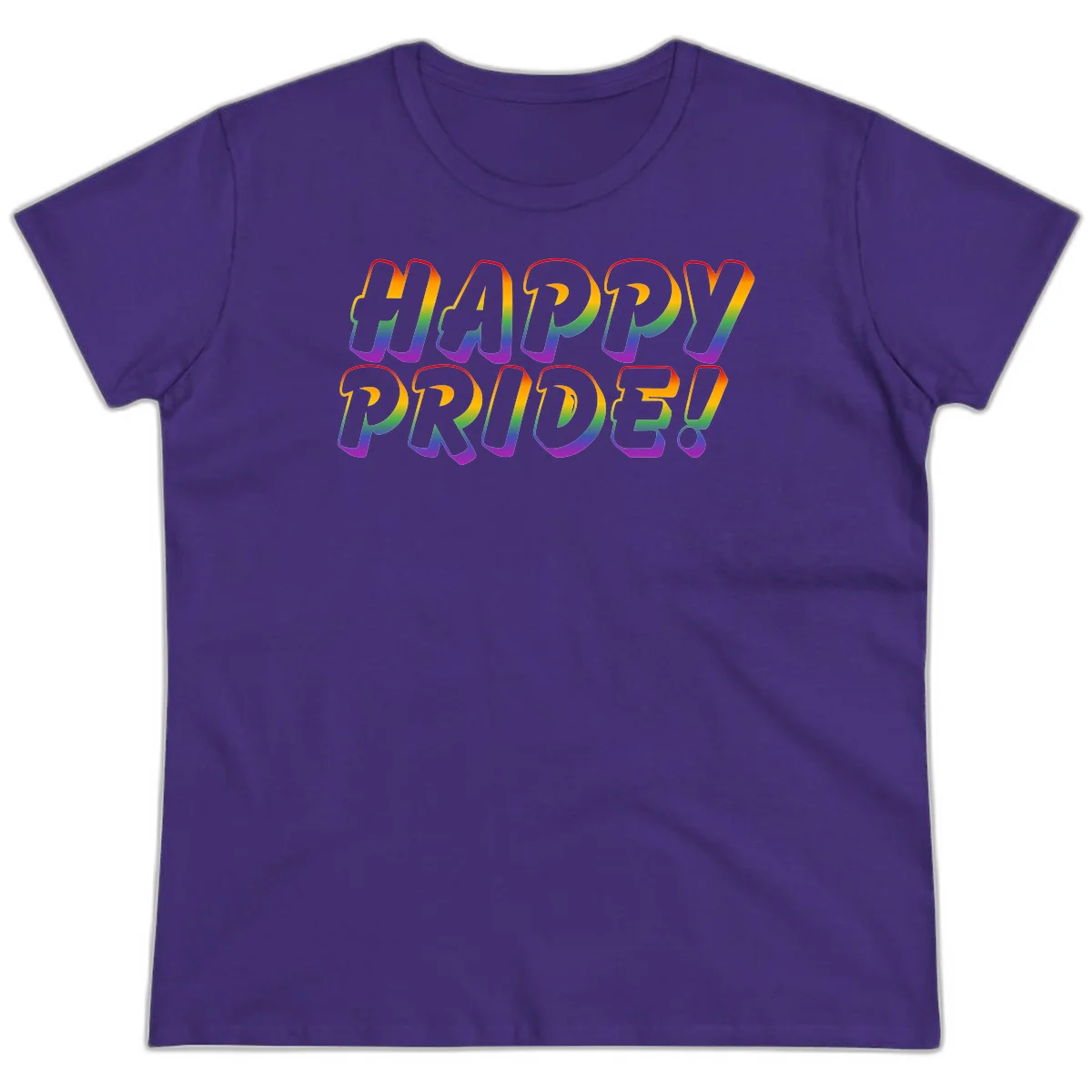 Happy pride rainbow text design with gradient colors transitioning from red to purple in bold typography in Purple