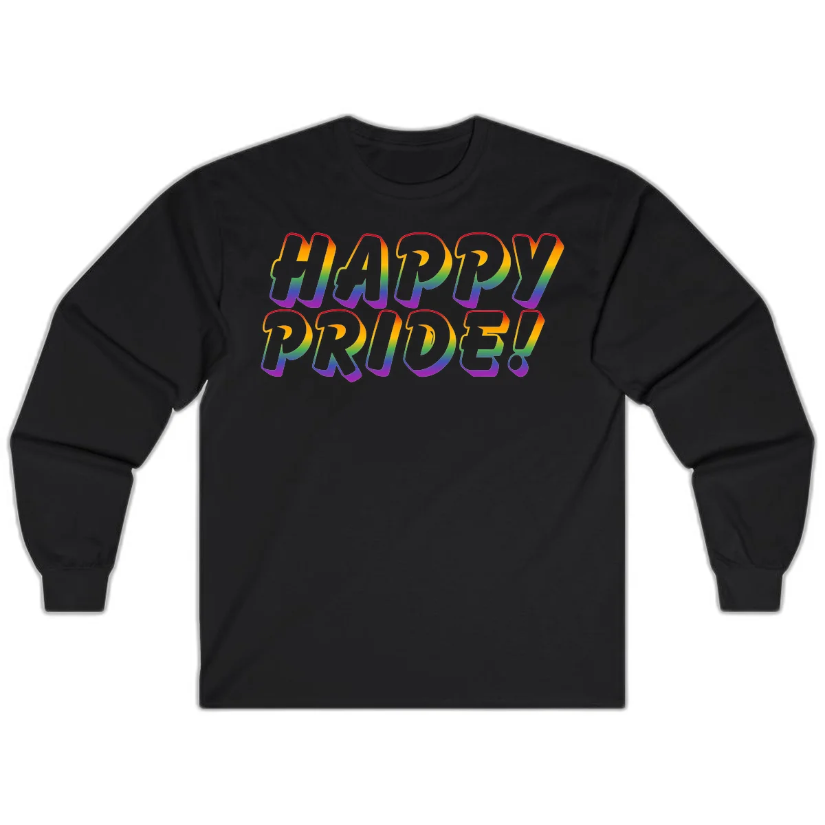 Happy pride rainbow text design with gradient colors transitioning from red to purple in bold typography in Black