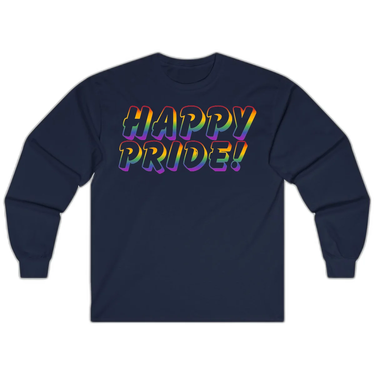 Happy pride rainbow text design with gradient colors transitioning from red to purple in bold typography in Navy