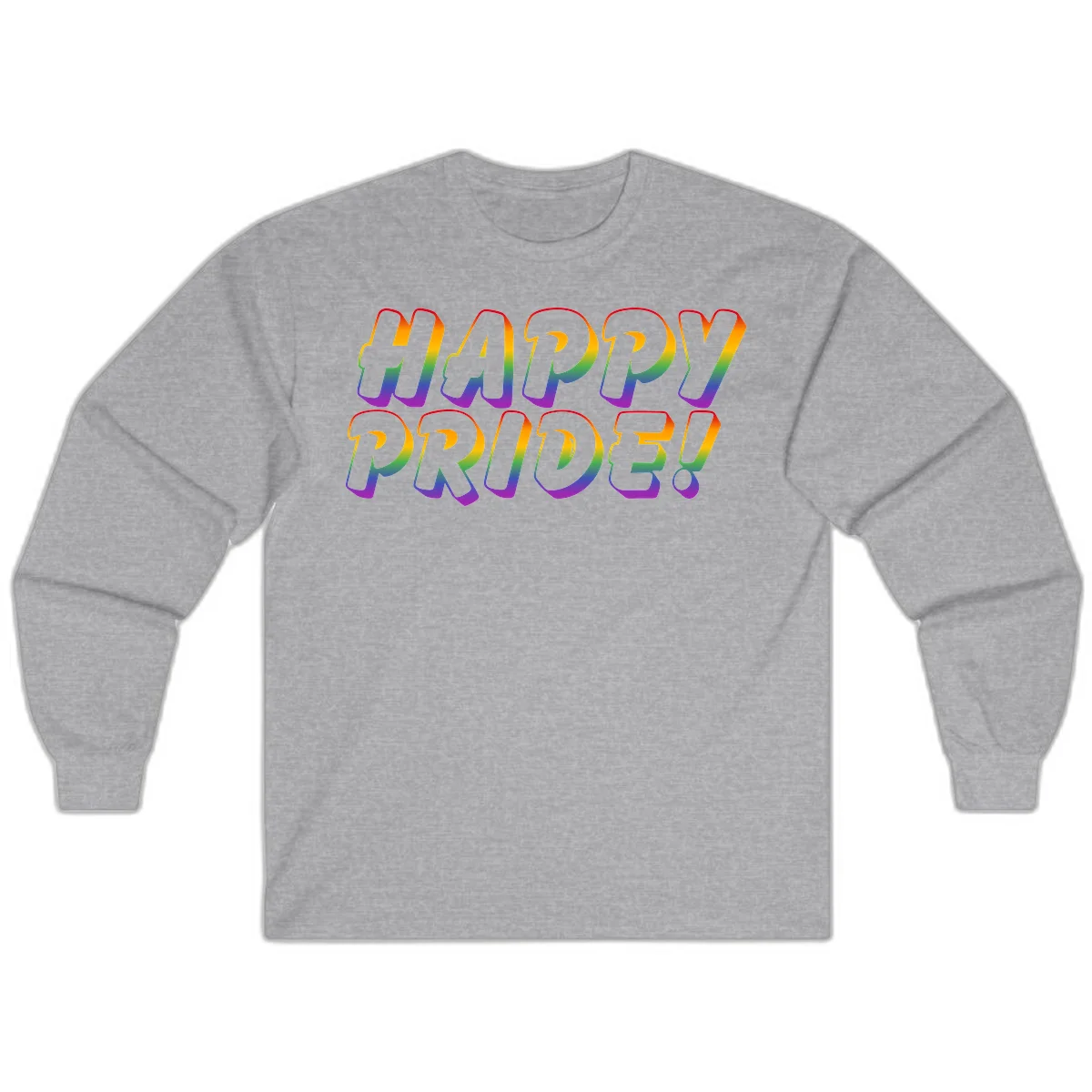 Happy pride rainbow text design with gradient colors transitioning from red to purple in bold typography in Sport Grey
