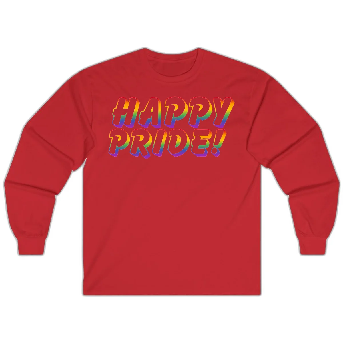 Happy pride rainbow text design with gradient colors transitioning from red to purple in bold typography in Red