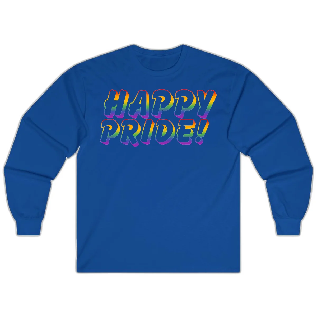 Happy pride rainbow text design with gradient colors transitioning from red to purple in bold typography in Royal