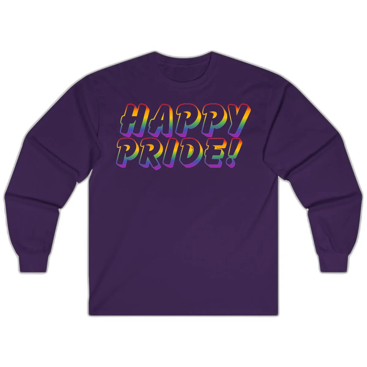 Happy pride rainbow text design with gradient colors transitioning from red to purple in bold typography in Purple