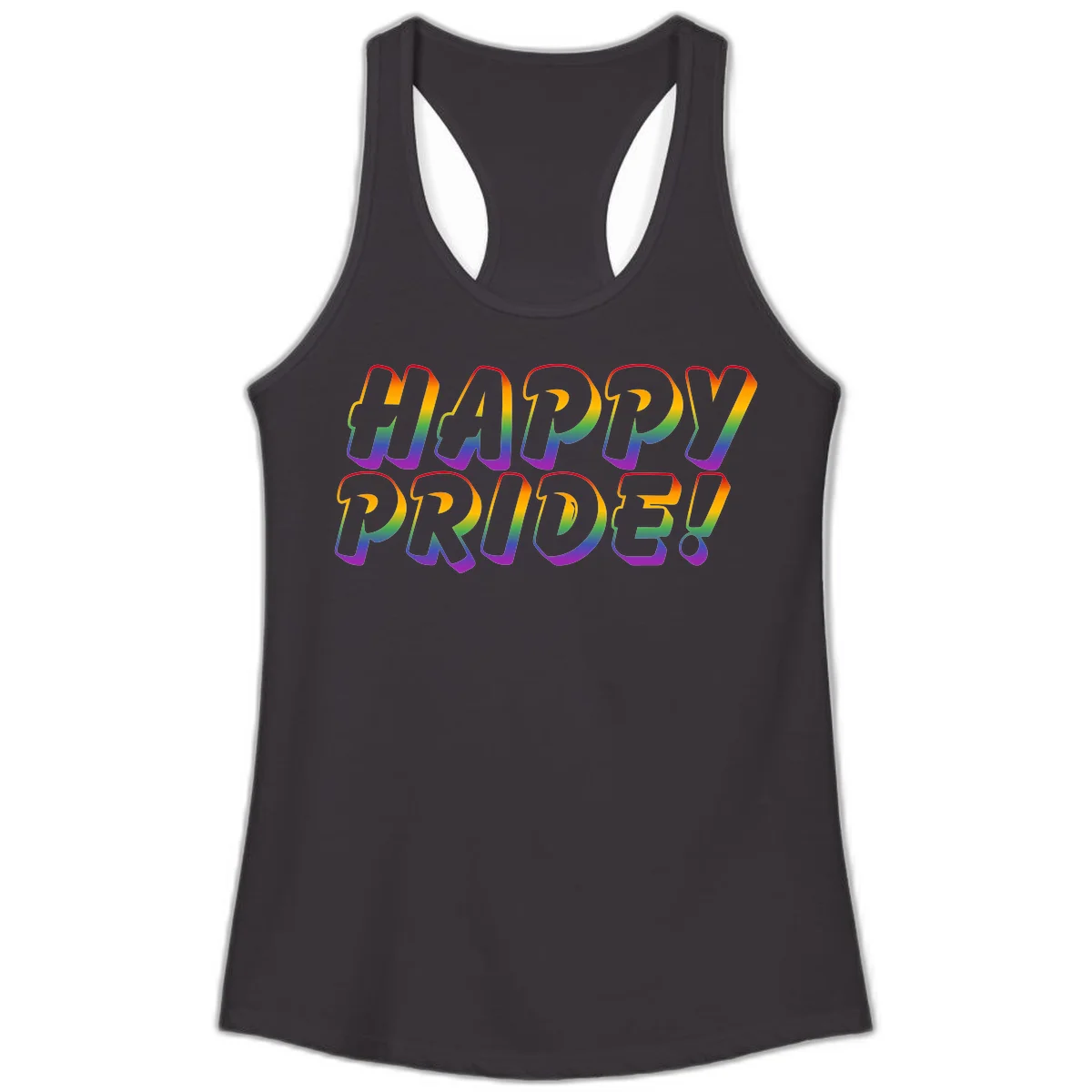 Happy pride rainbow text design with gradient colors transitioning from red to purple in bold typography in Black