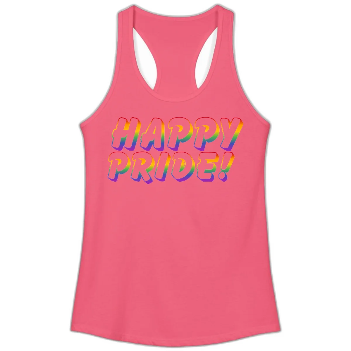 Happy pride rainbow text design with gradient colors transitioning from red to purple in bold typography in Hot Pink