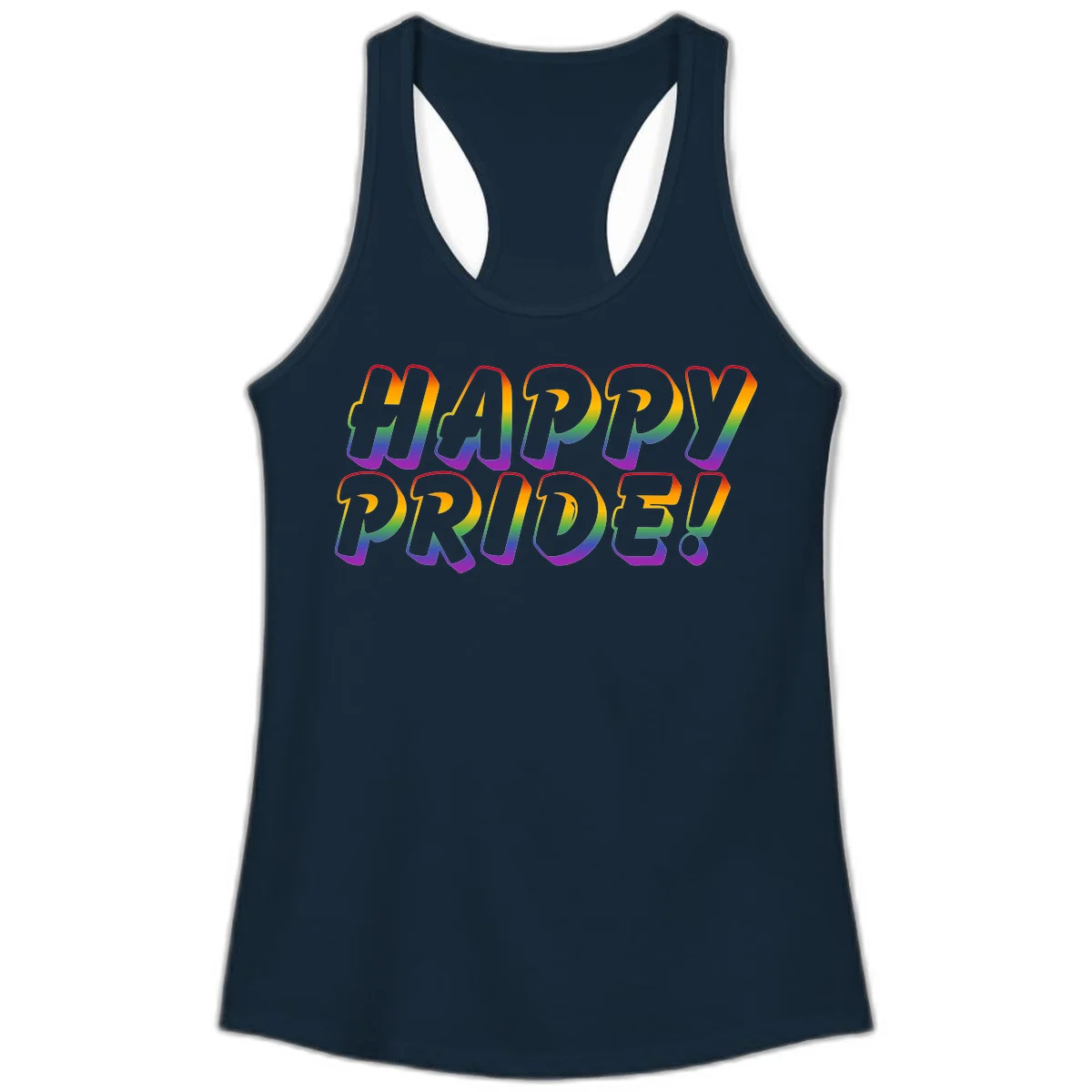 Happy pride rainbow text design with gradient colors transitioning from red to purple in bold typography in Solid Midnight Navy