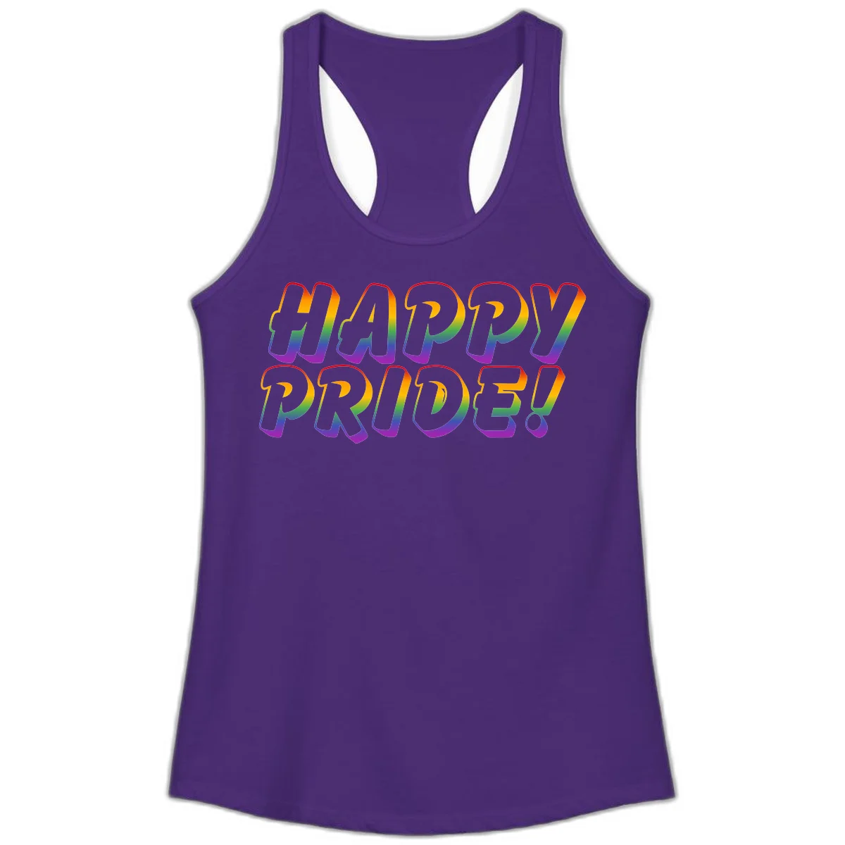 Happy pride rainbow text design with gradient colors transitioning from red to purple in bold typography in Solid Purple Rush