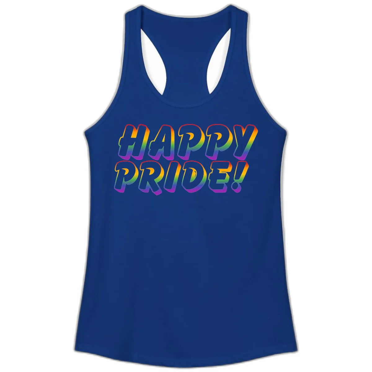 Happy pride rainbow text design with gradient colors transitioning from red to purple in bold typography in Solid Royal