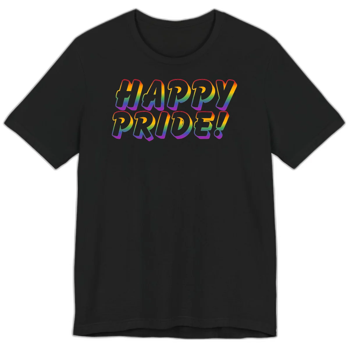 Happy pride rainbow text design with gradient colors transitioning from red to purple in bold typography in Black