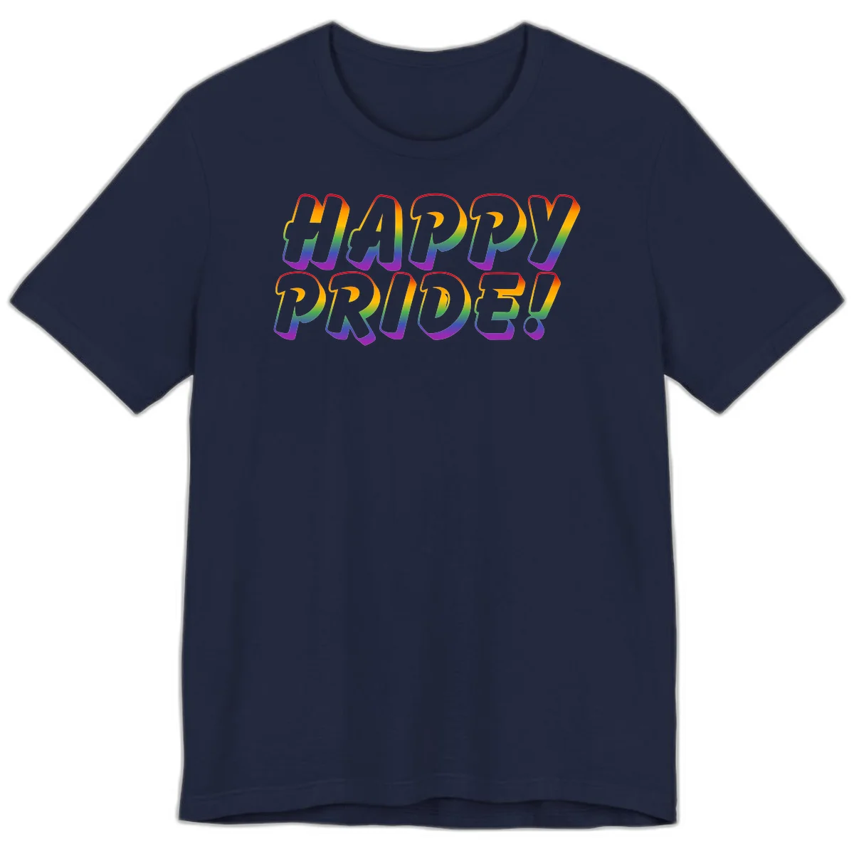 Happy pride rainbow text design with gradient colors transitioning from red to purple in bold typography in Navy
