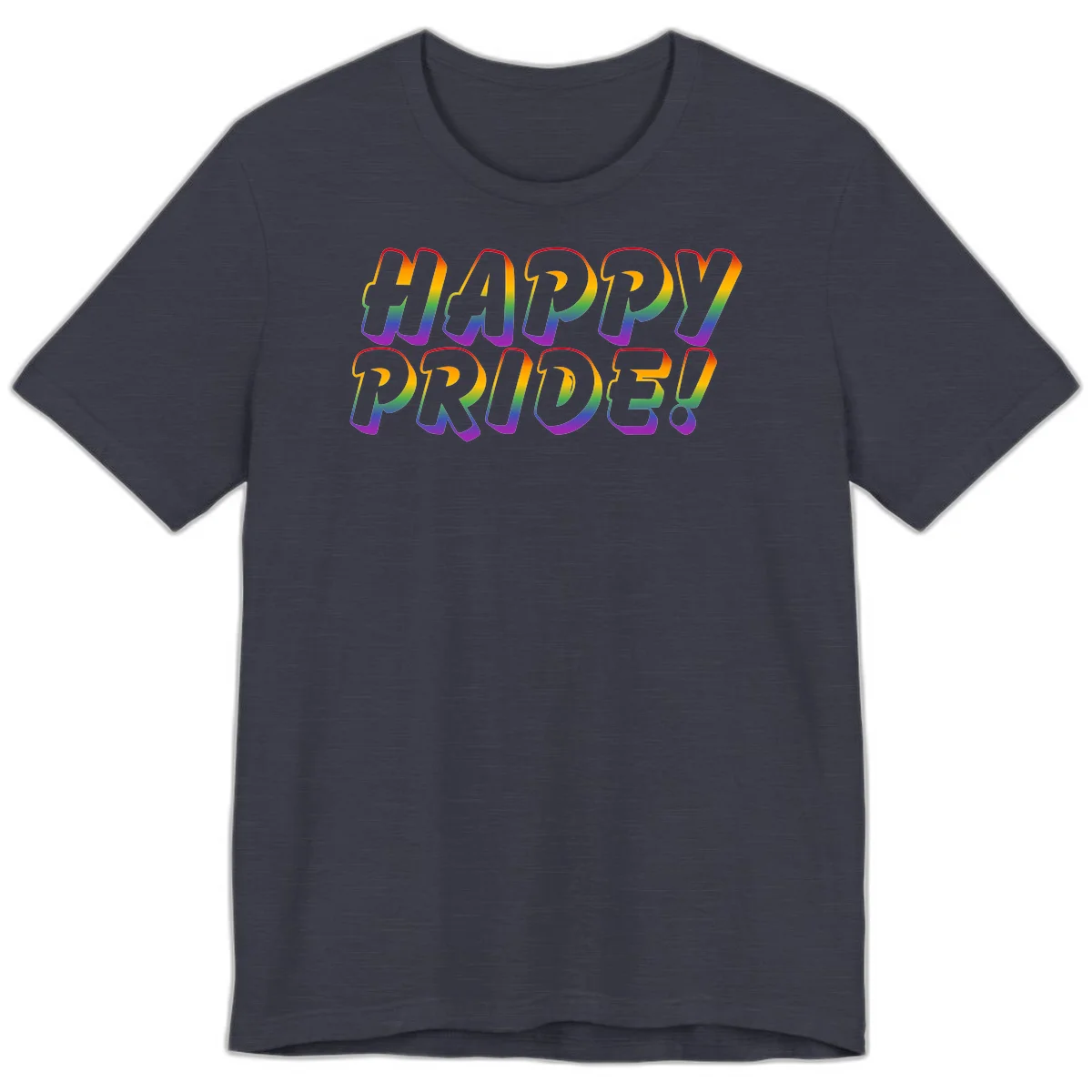 Happy pride rainbow text design with gradient colors transitioning from red to purple in bold typography in Heather Midnight Navy