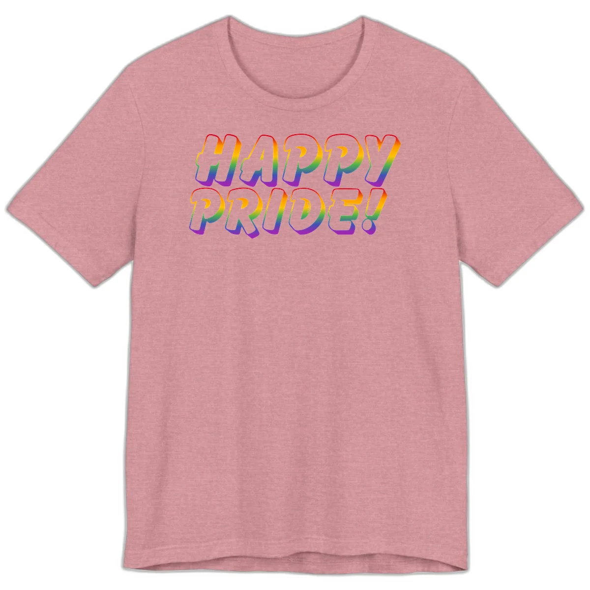 Happy pride rainbow text design with gradient colors transitioning from red to purple in bold typography in Heather Orchid