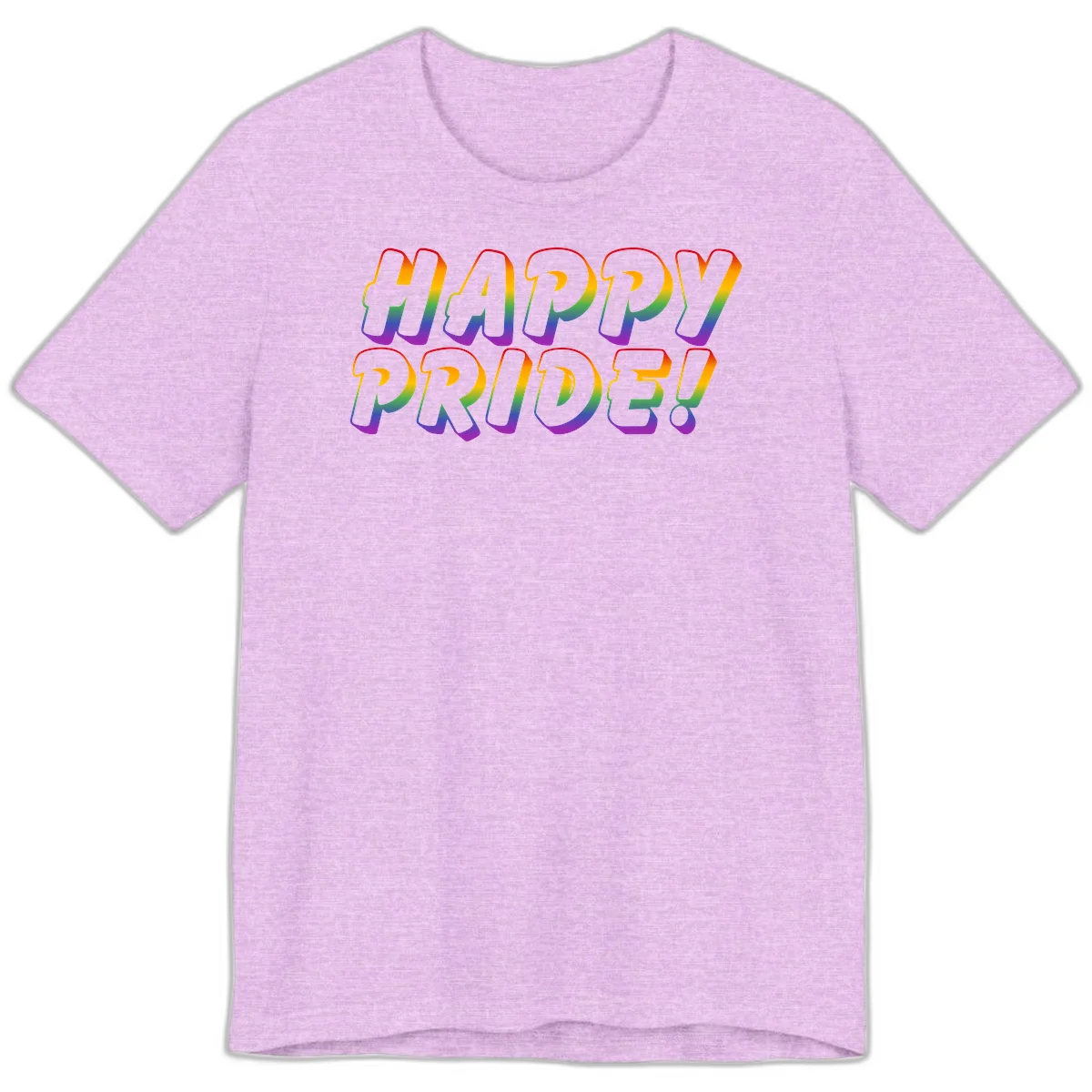 Happy pride rainbow text design with gradient colors transitioning from red to purple in bold typography in Heather Prism Lilac
