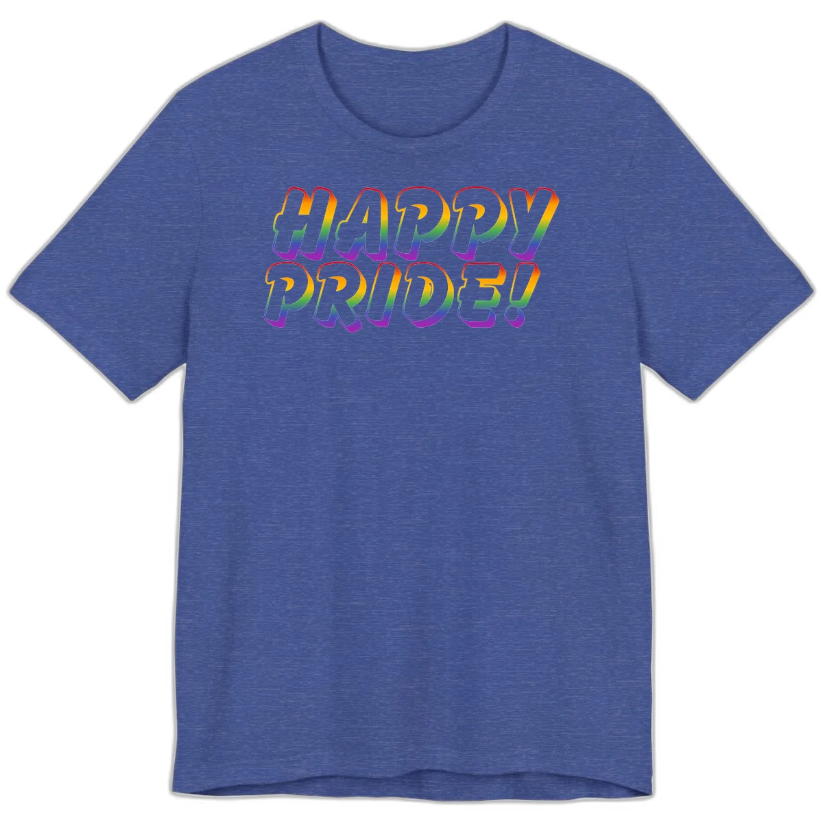 Happy pride rainbow text design with gradient colors transitioning from red to purple in bold typography in Heather True Royal