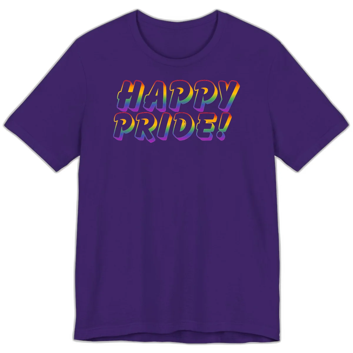 Happy pride rainbow text design with gradient colors transitioning from red to purple in bold typography in Team Purple