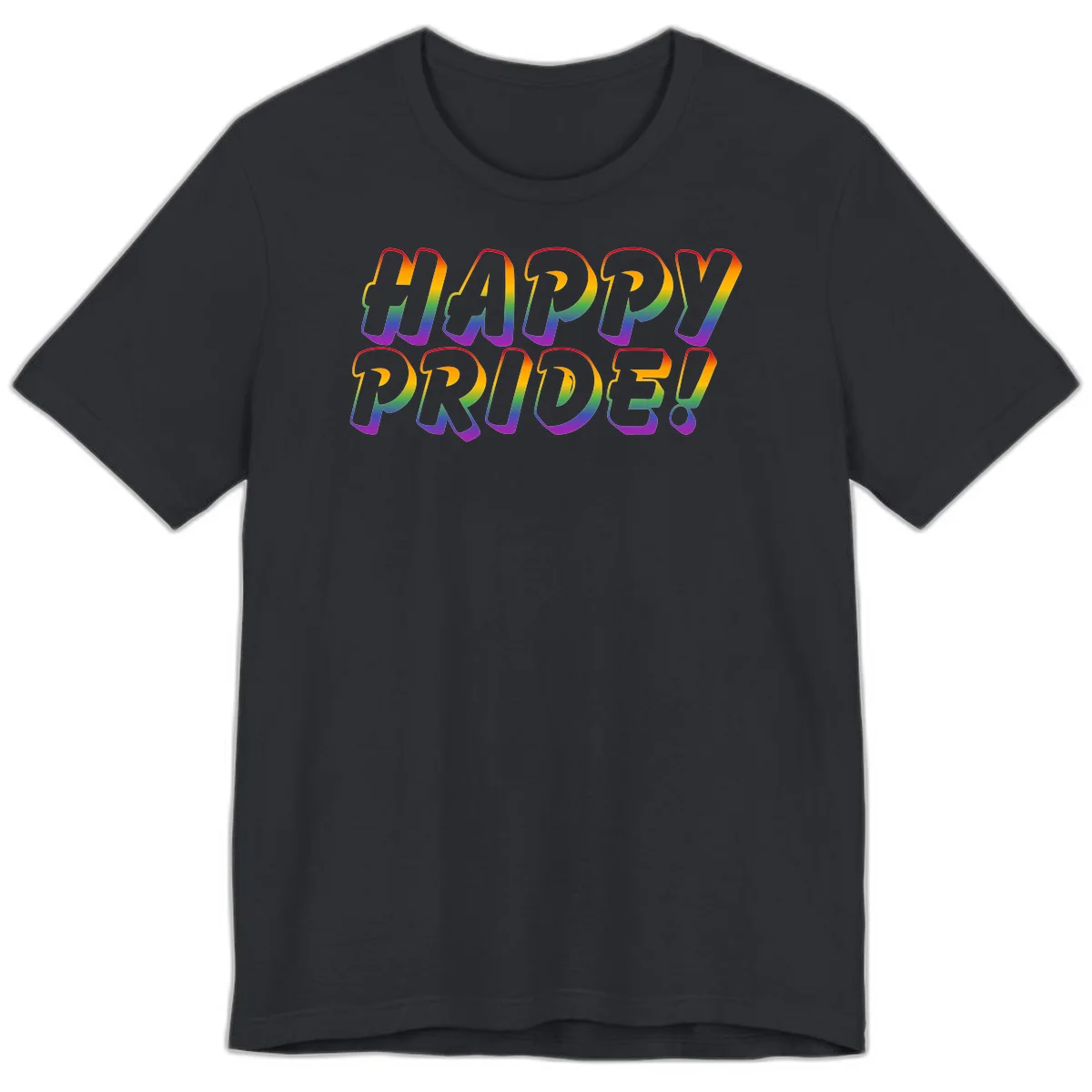 Happy pride rainbow text design with gradient colors transitioning from red to purple in bold typography in Vintage Black