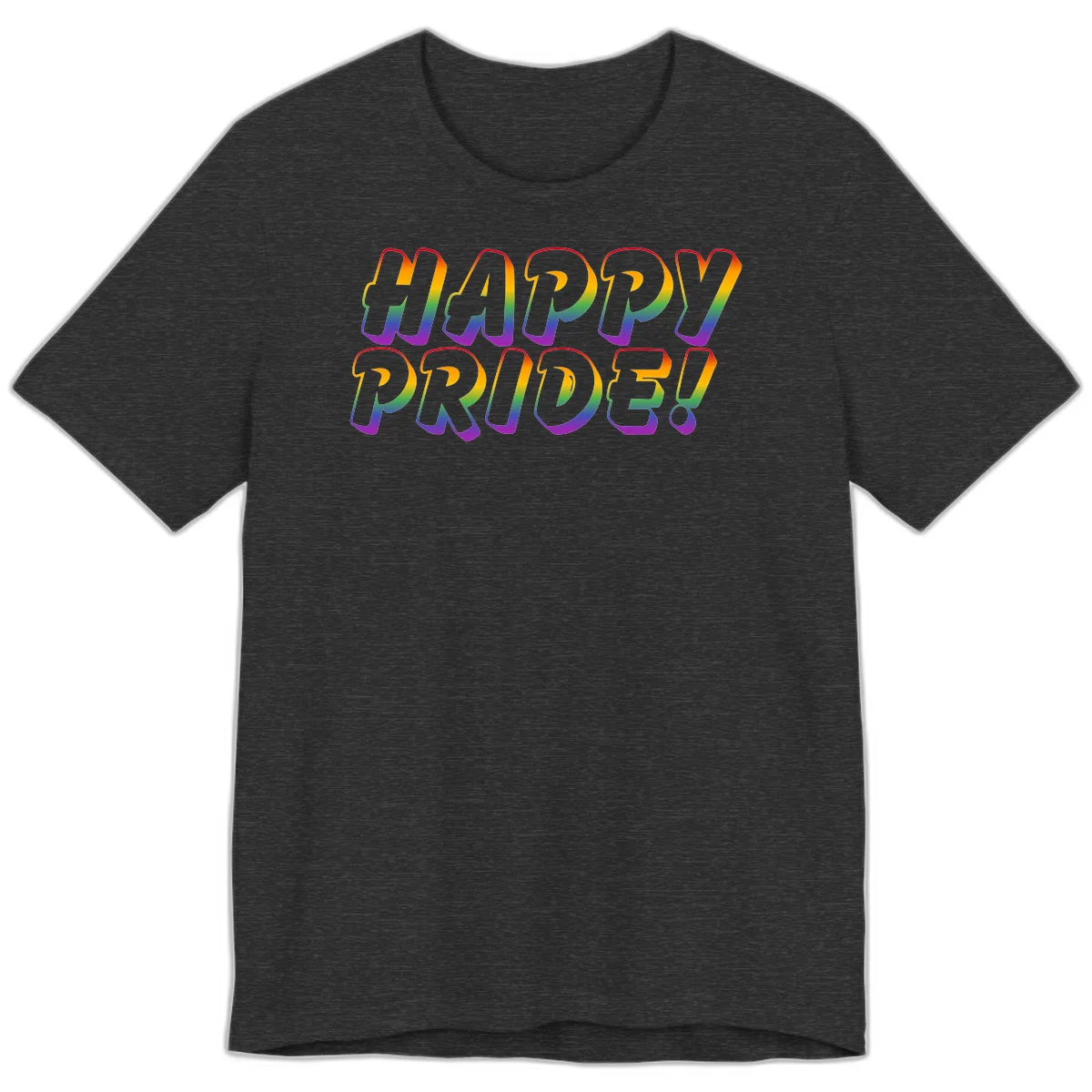 Happy pride rainbow text design with gradient colors transitioning from red to purple in bold typography in Dark Grey Heather