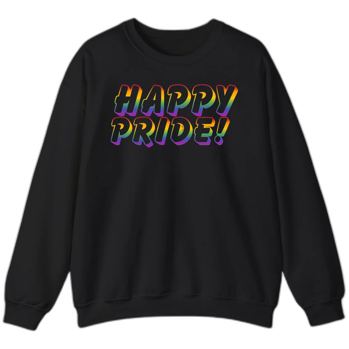 Happy pride rainbow text design with gradient colors transitioning from red to purple in bold typography in Black
