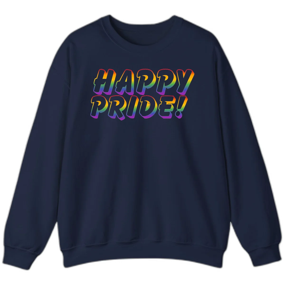 Happy pride rainbow text design with gradient colors transitioning from red to purple in bold typography in Navy