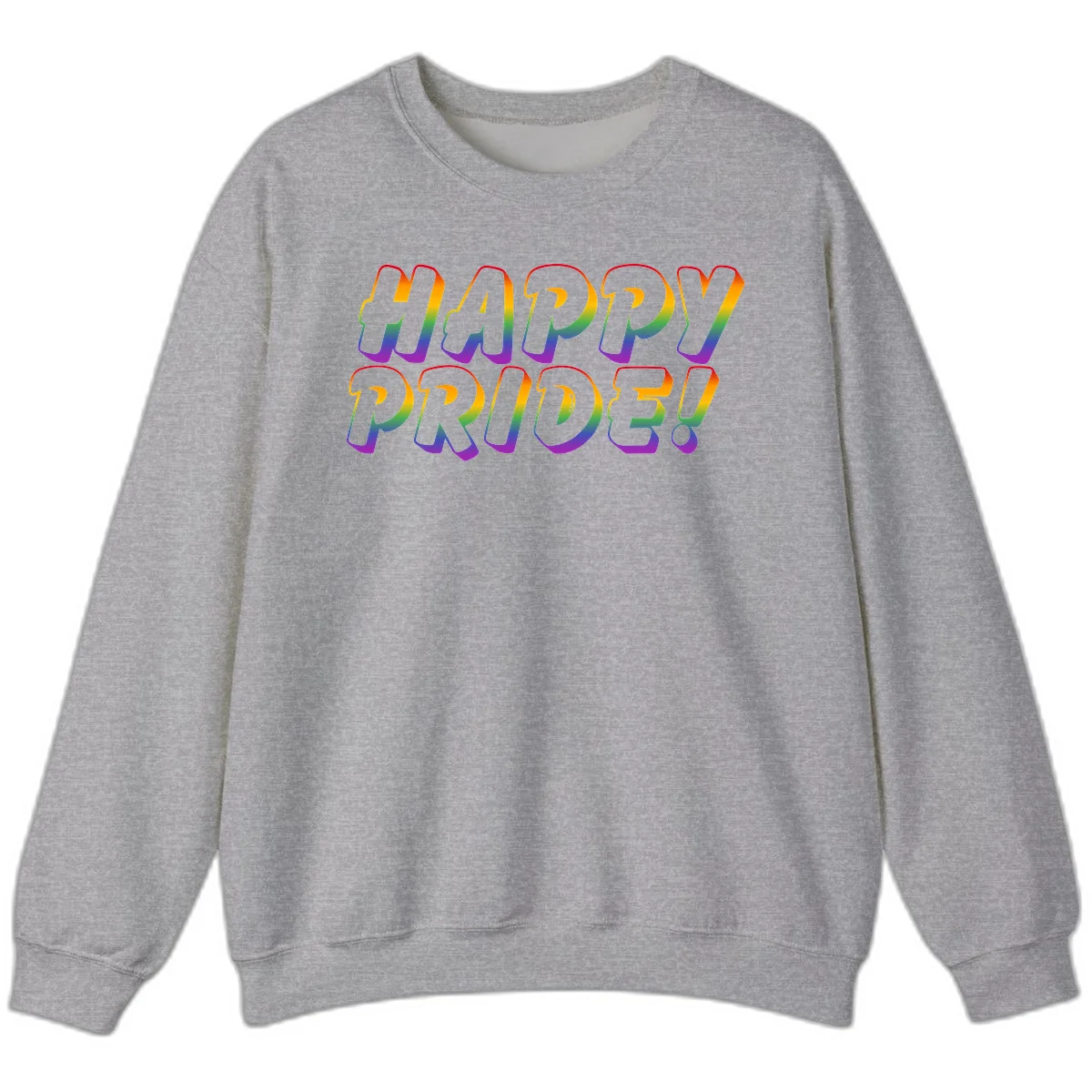 Happy pride rainbow text design with gradient colors transitioning from red to purple in bold typography in Sport Grey
