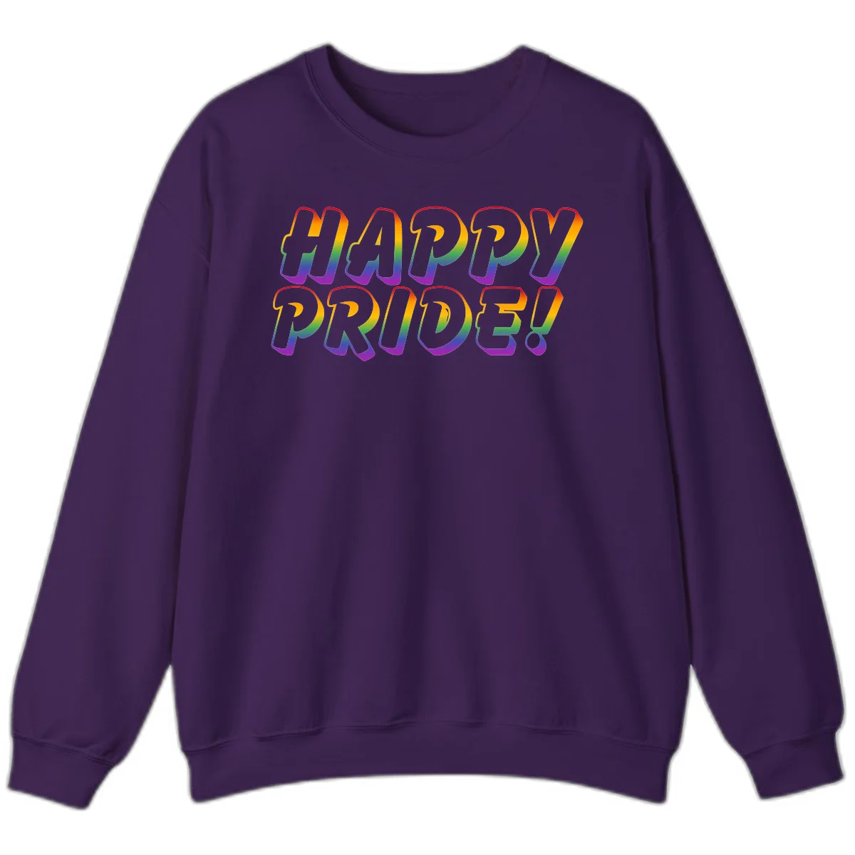 Happy pride rainbow text design with gradient colors transitioning from red to purple in bold typography in Purple