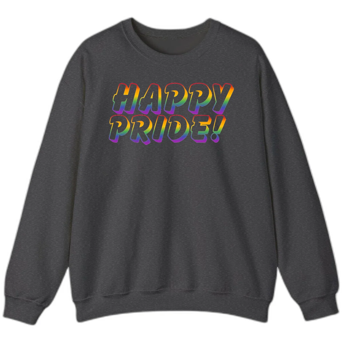 Happy pride rainbow text design with gradient colors transitioning from red to purple in bold typography in Dark Heather