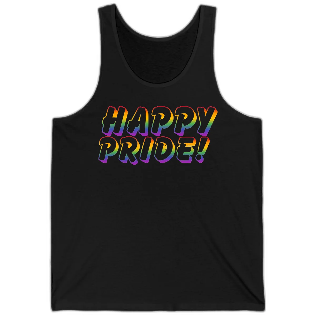 Happy pride rainbow text design with gradient colors transitioning from red to purple in bold typography in Black