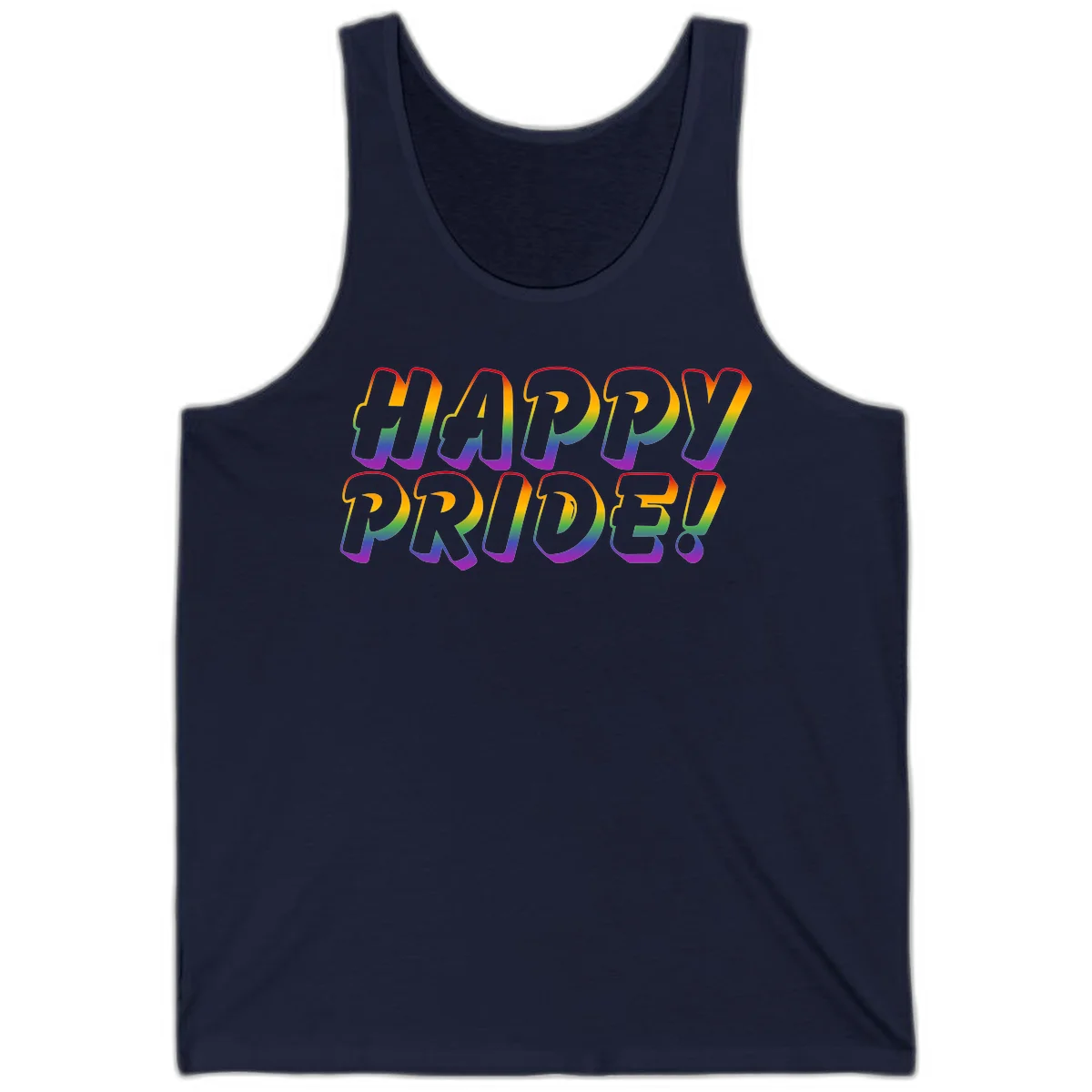 Happy pride rainbow text design with gradient colors transitioning from red to purple in bold typography in Navy
