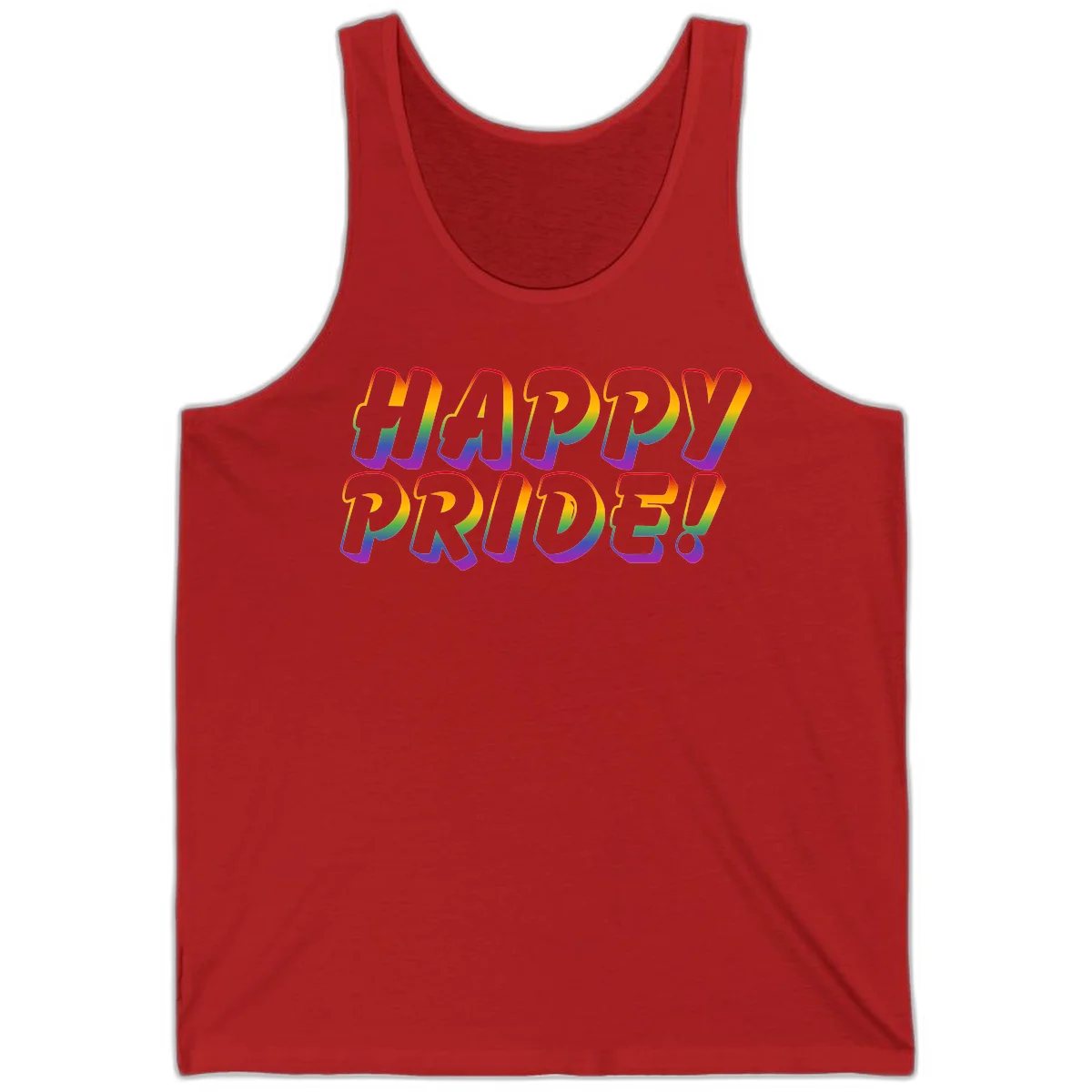 Happy pride rainbow text design with gradient colors transitioning from red to purple in bold typography in Red