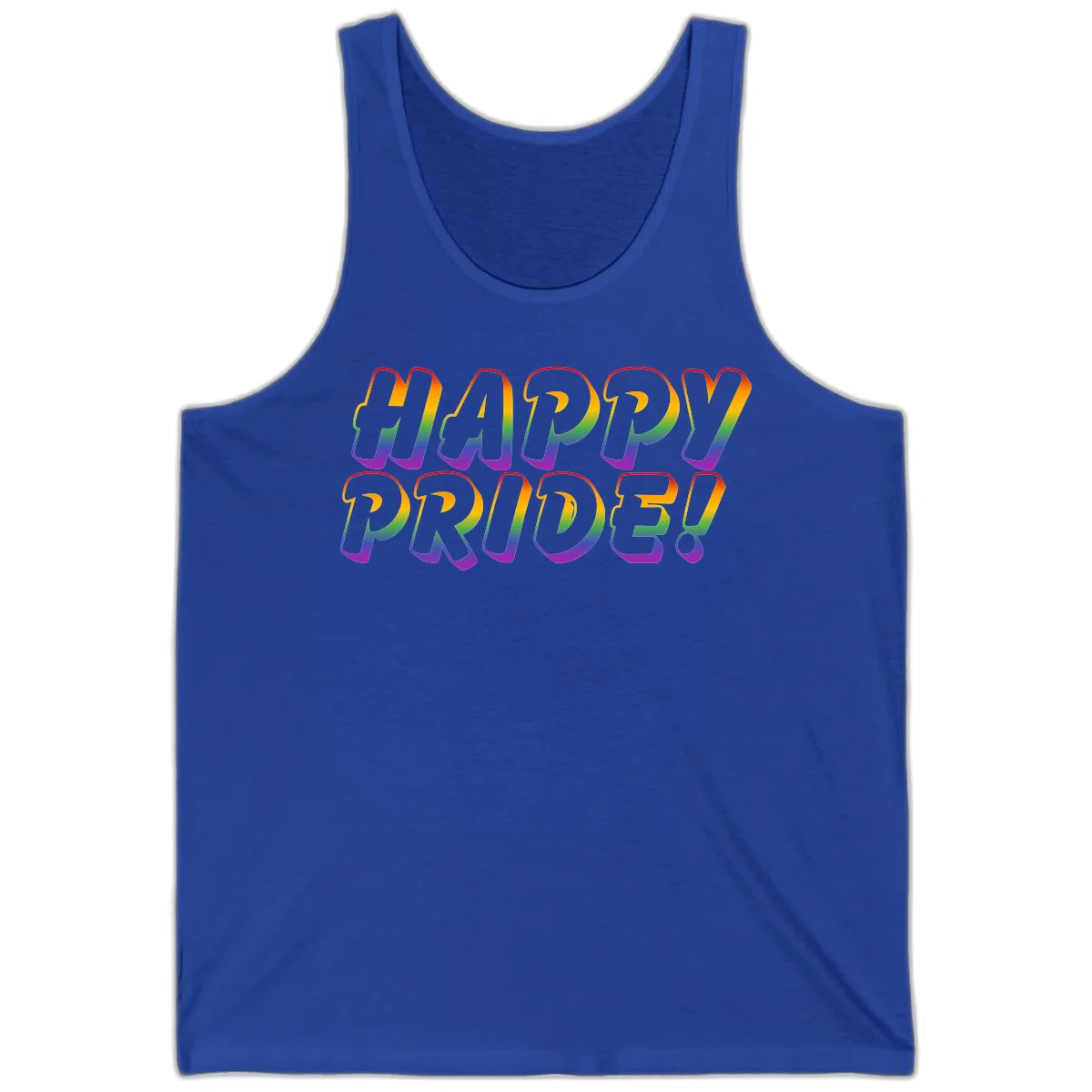 Happy pride rainbow text design with gradient colors transitioning from red to purple in bold typography in True Royal