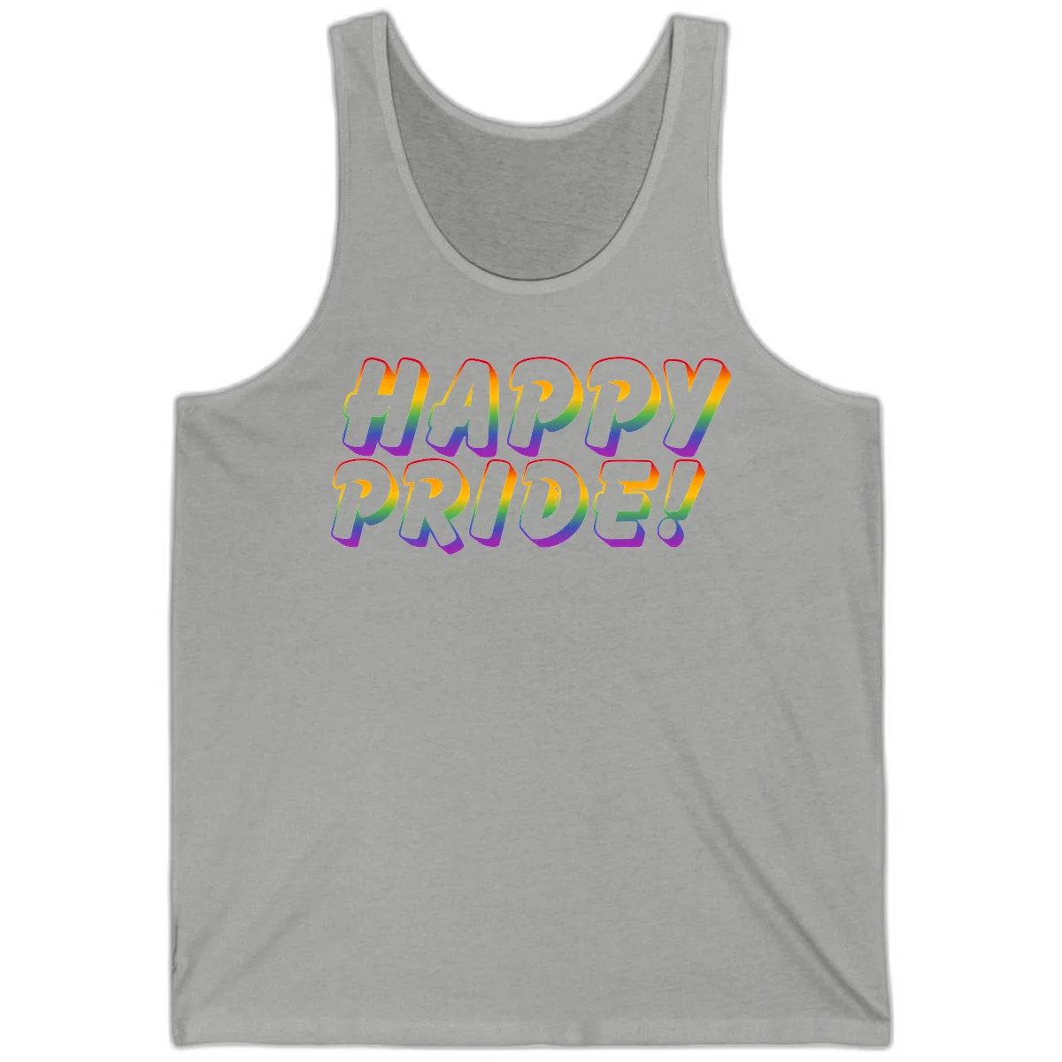 Happy pride rainbow text design with gradient colors transitioning from red to purple in bold typography in Athletic Heather