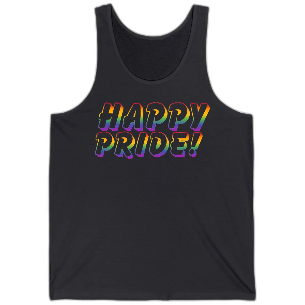 Happy pride rainbow text design with gradient colors transitioning from red to purple in bold typography in Dark Grey