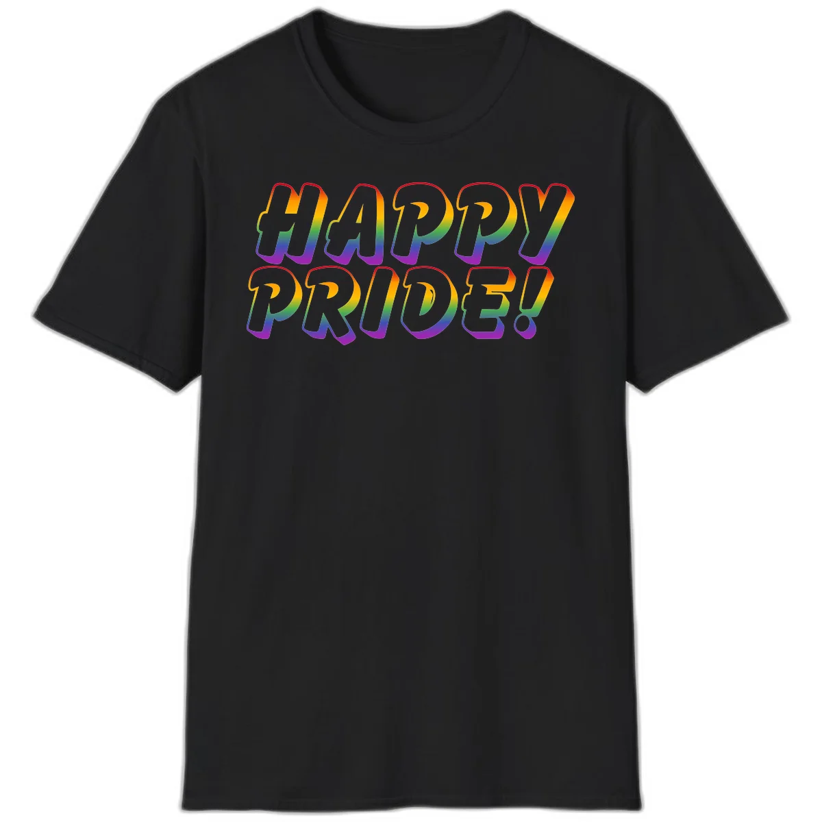 Happy pride rainbow text design with gradient colors transitioning from red to purple in bold typography in Black