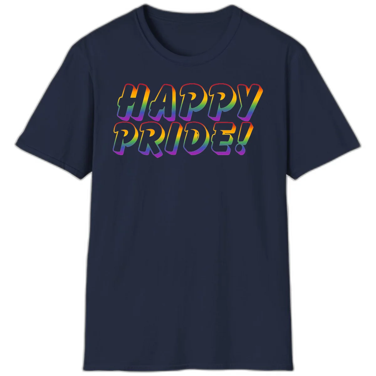 Happy pride rainbow text design with gradient colors transitioning from red to purple in bold typography in Navy