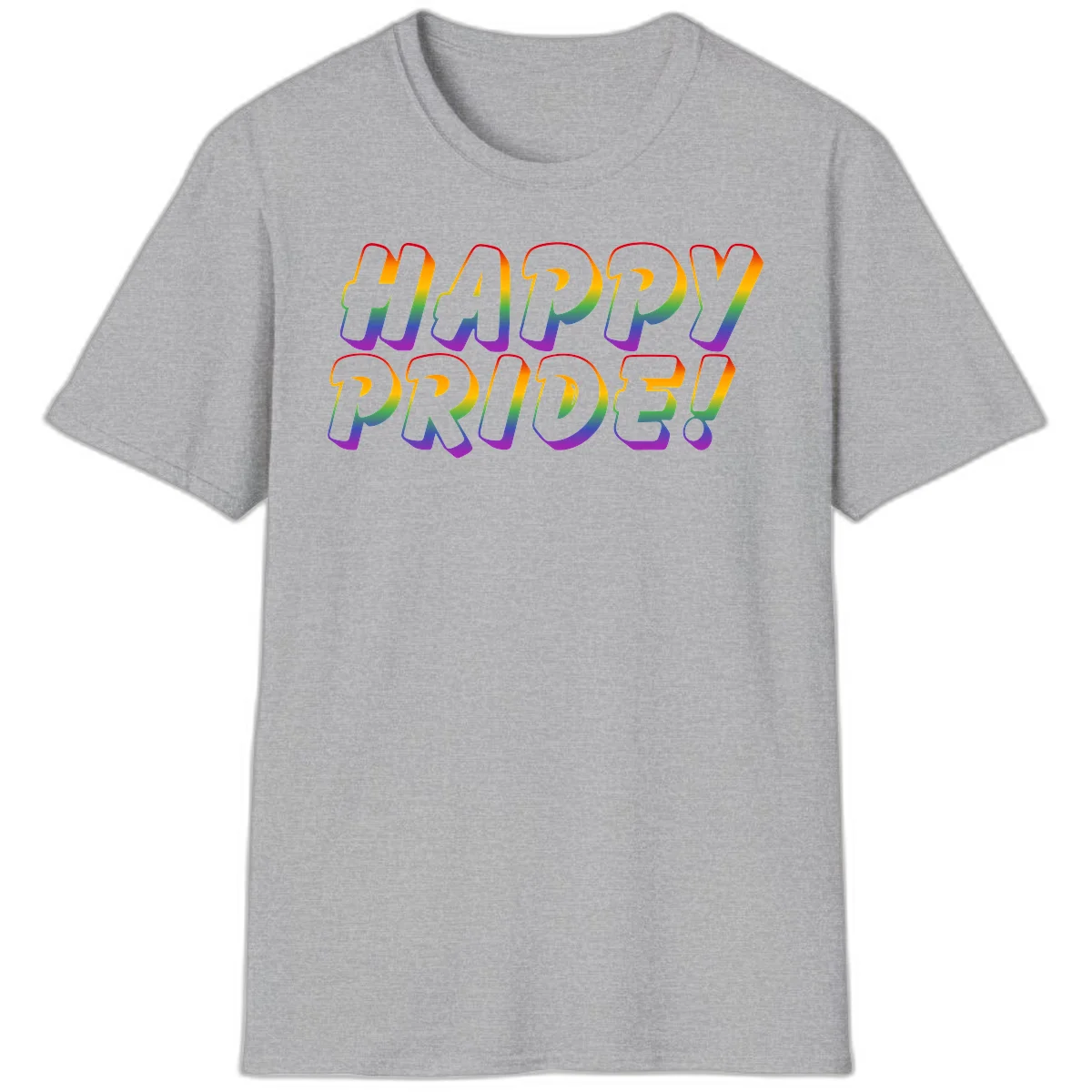 Happy pride rainbow text design with gradient colors transitioning from red to purple in bold typography in Sport Grey