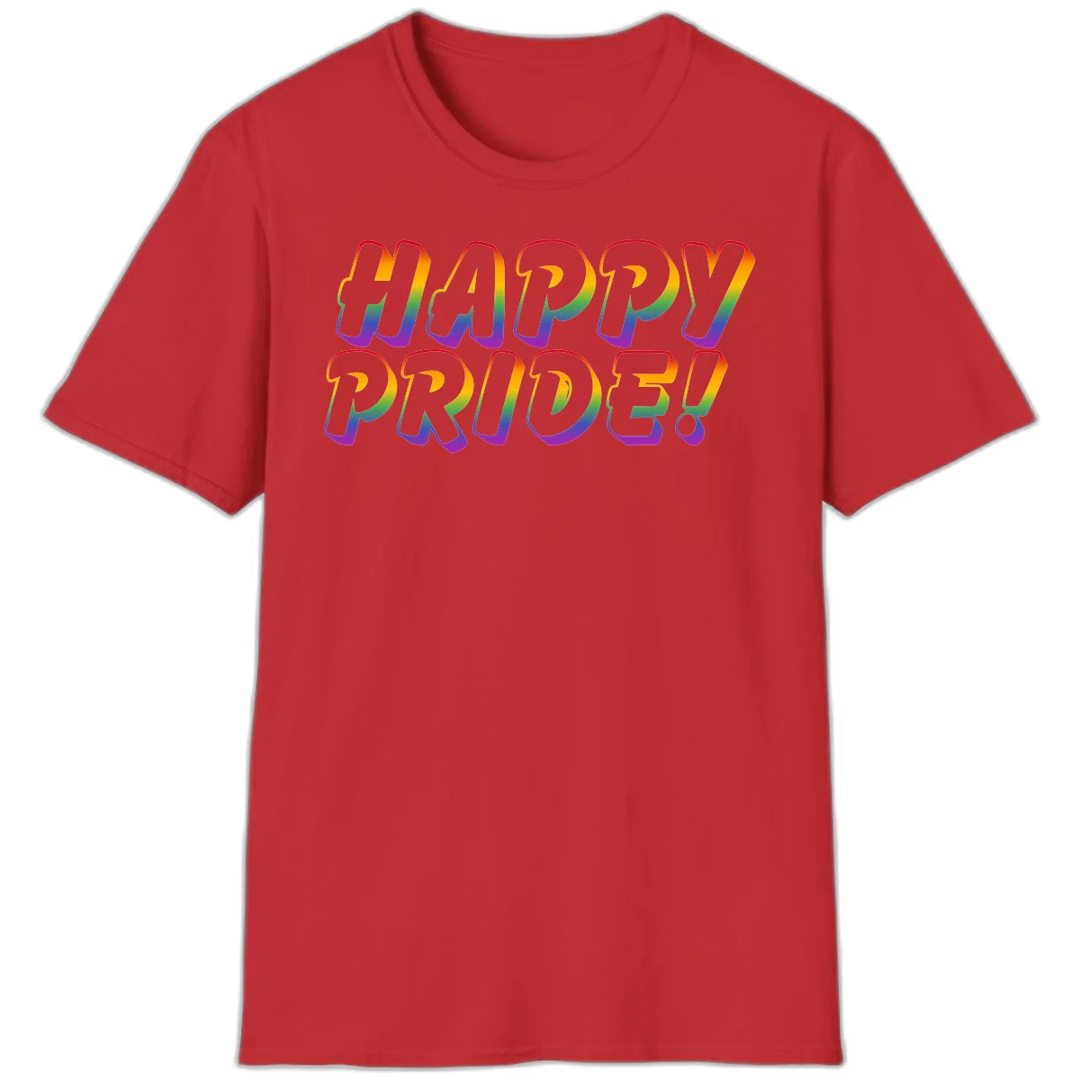 Happy pride rainbow text design with gradient colors transitioning from red to purple in bold typography in Red