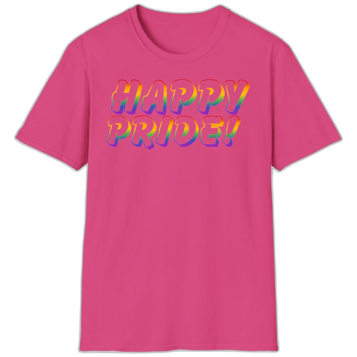 Happy pride rainbow text design with gradient colors transitioning from red to purple in bold typography in Heliconia