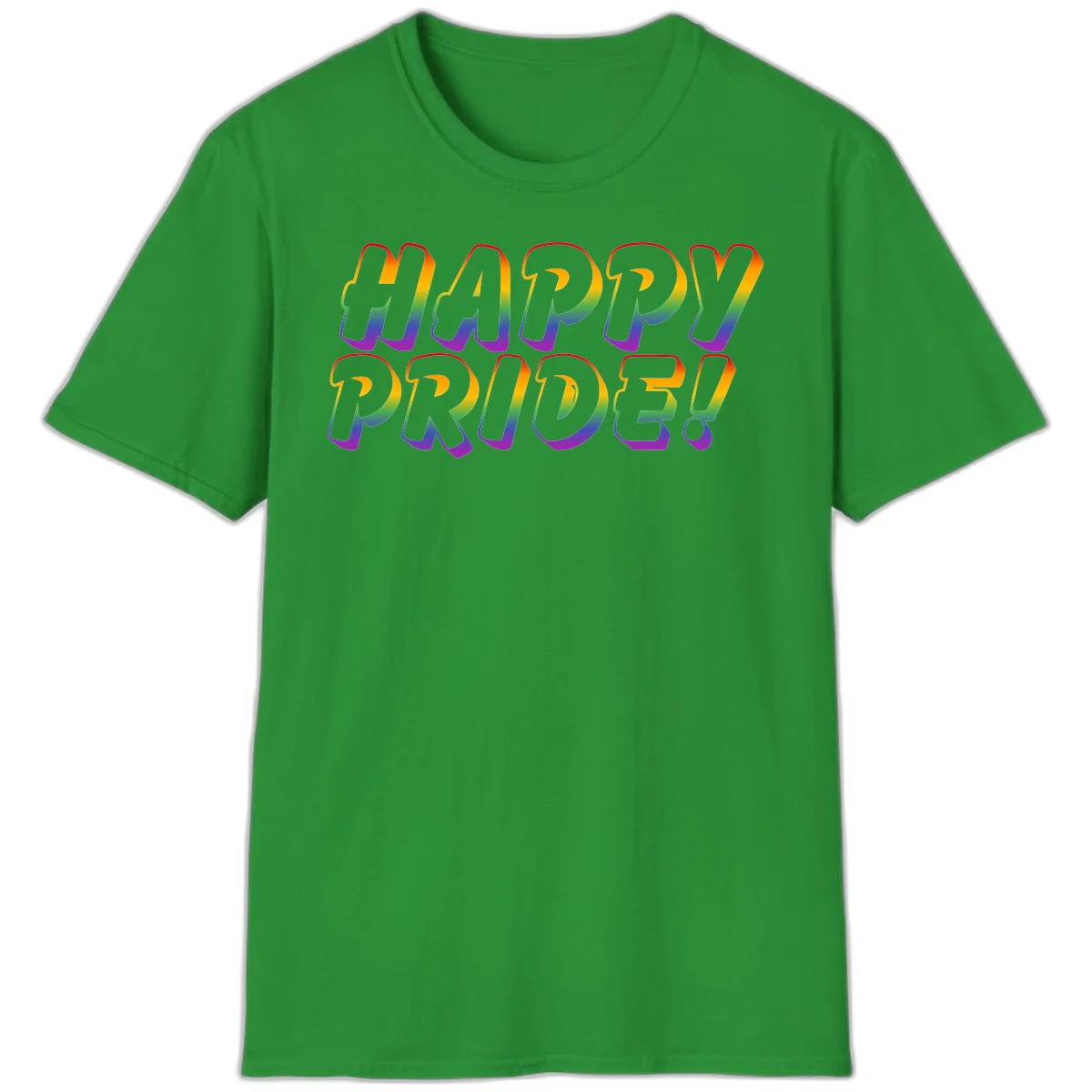 Happy pride rainbow text design with gradient colors transitioning from red to purple in bold typography in Irish Green