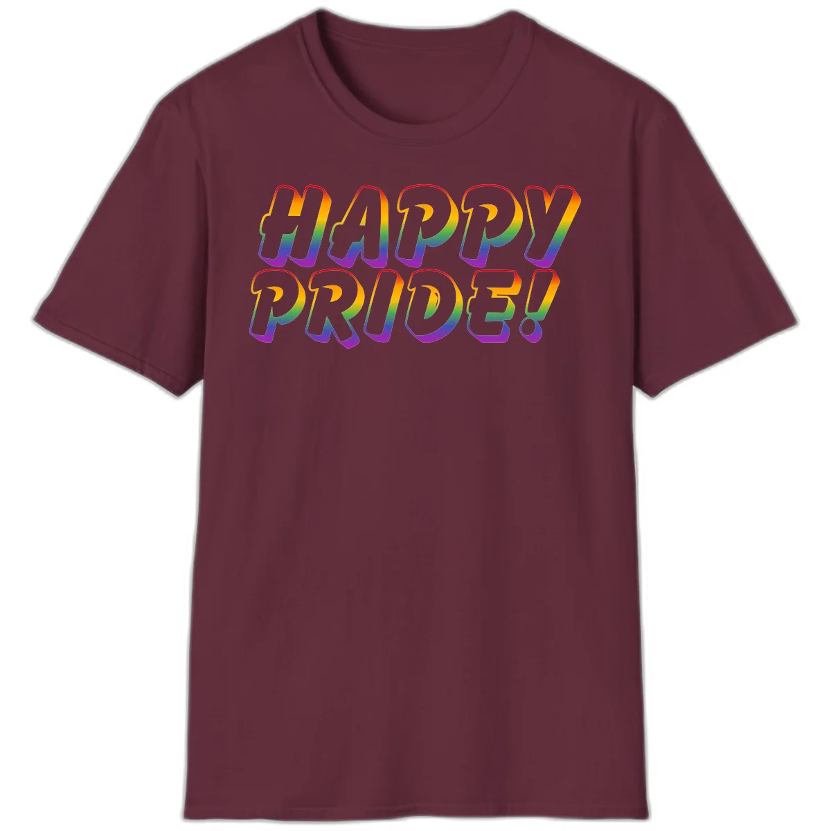 Happy pride rainbow text design with gradient colors transitioning from red to purple in bold typography in Maroon