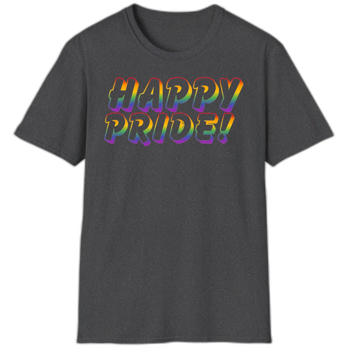 Happy pride rainbow text design with gradient colors transitioning from red to purple in bold typography in Dark Heather