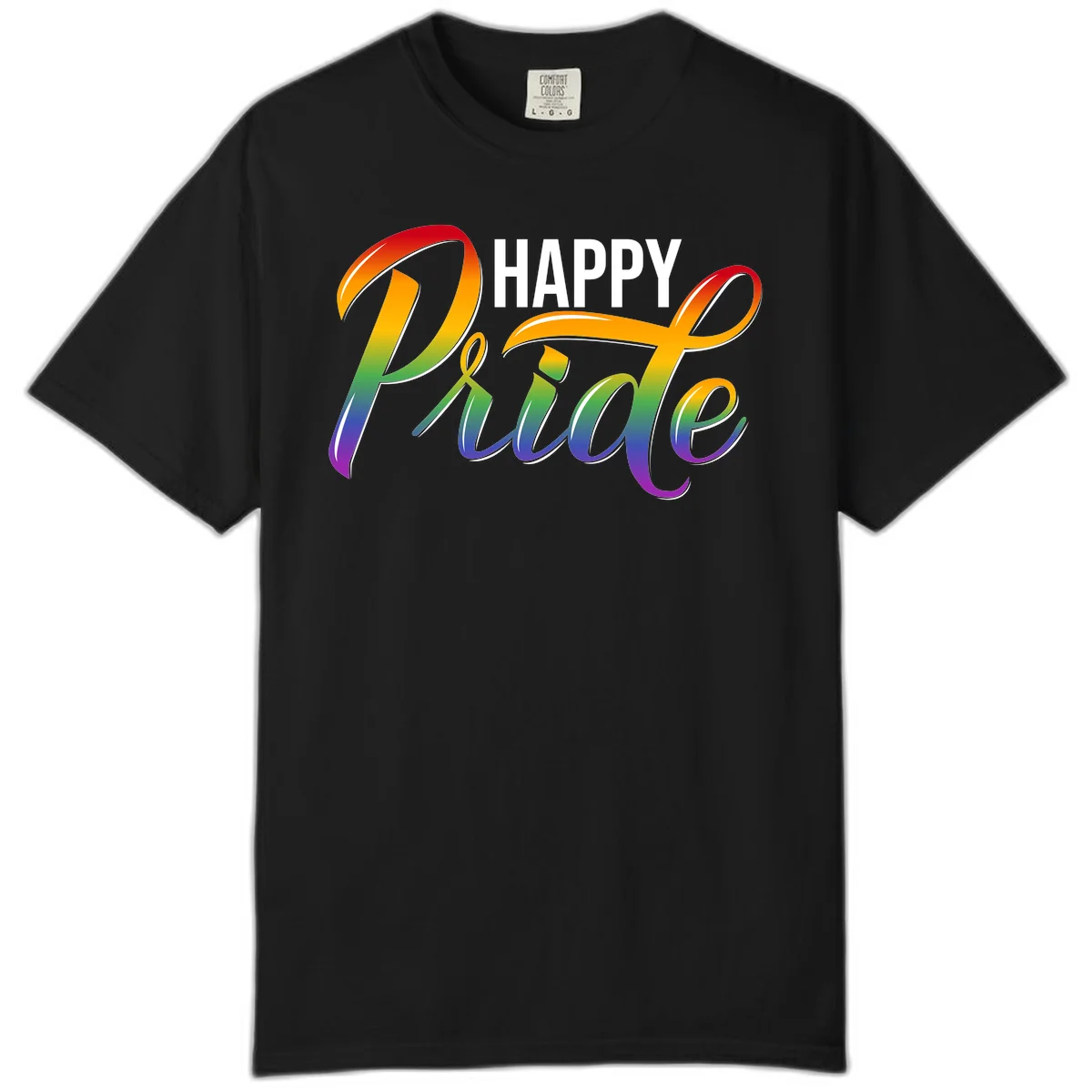 Happy Pride rainbow gradient typography design with white outlines on gray background in Black