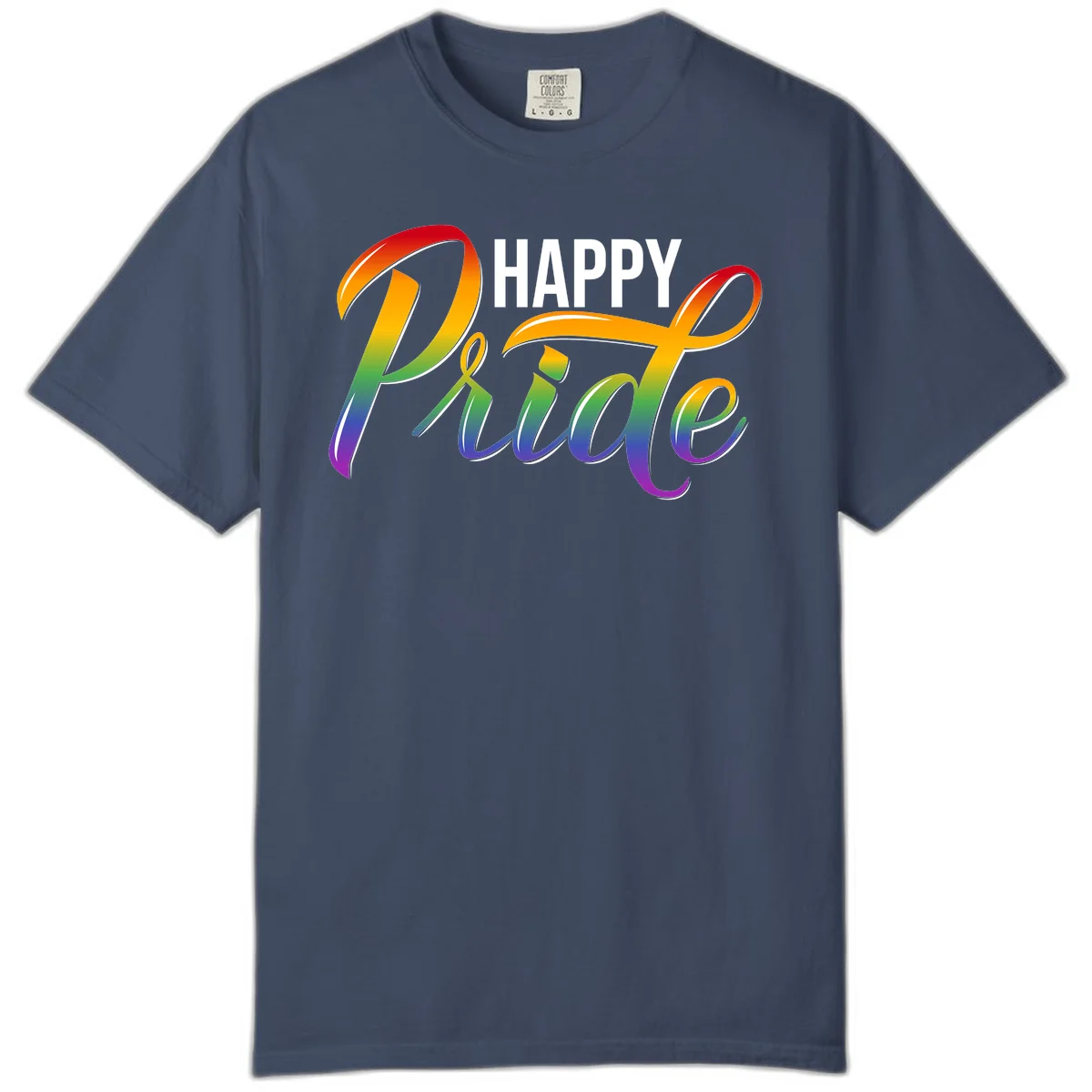 Happy Pride rainbow gradient typography design with white outlines on gray background in Midnight