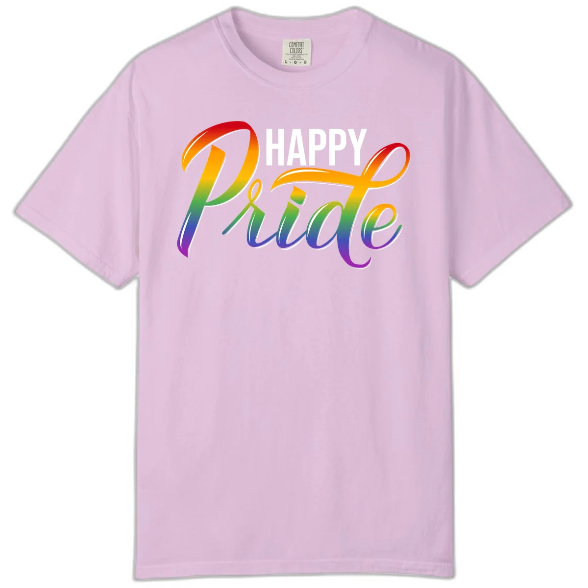 Happy Pride rainbow gradient typography design with white outlines on gray background in Orchid