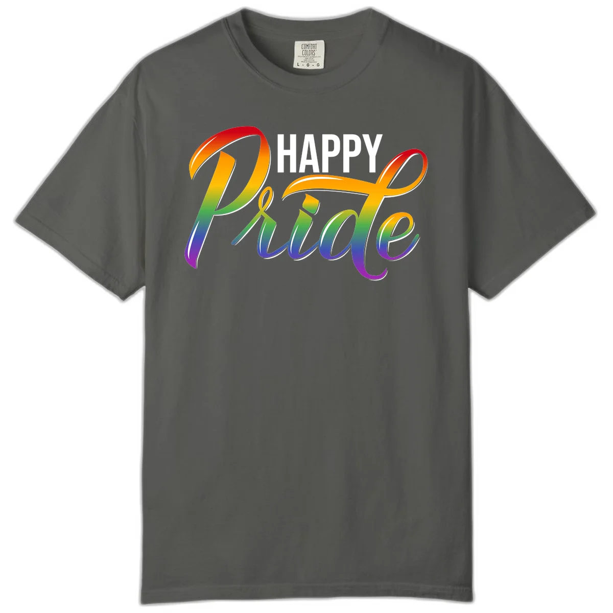 Happy Pride rainbow gradient typography design with white outlines on gray background in Pepper